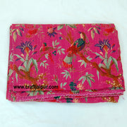 Floral Bird Printed Kantha Quilt, Queen Size Cotton Bedspread, Handmade Indian Gudri