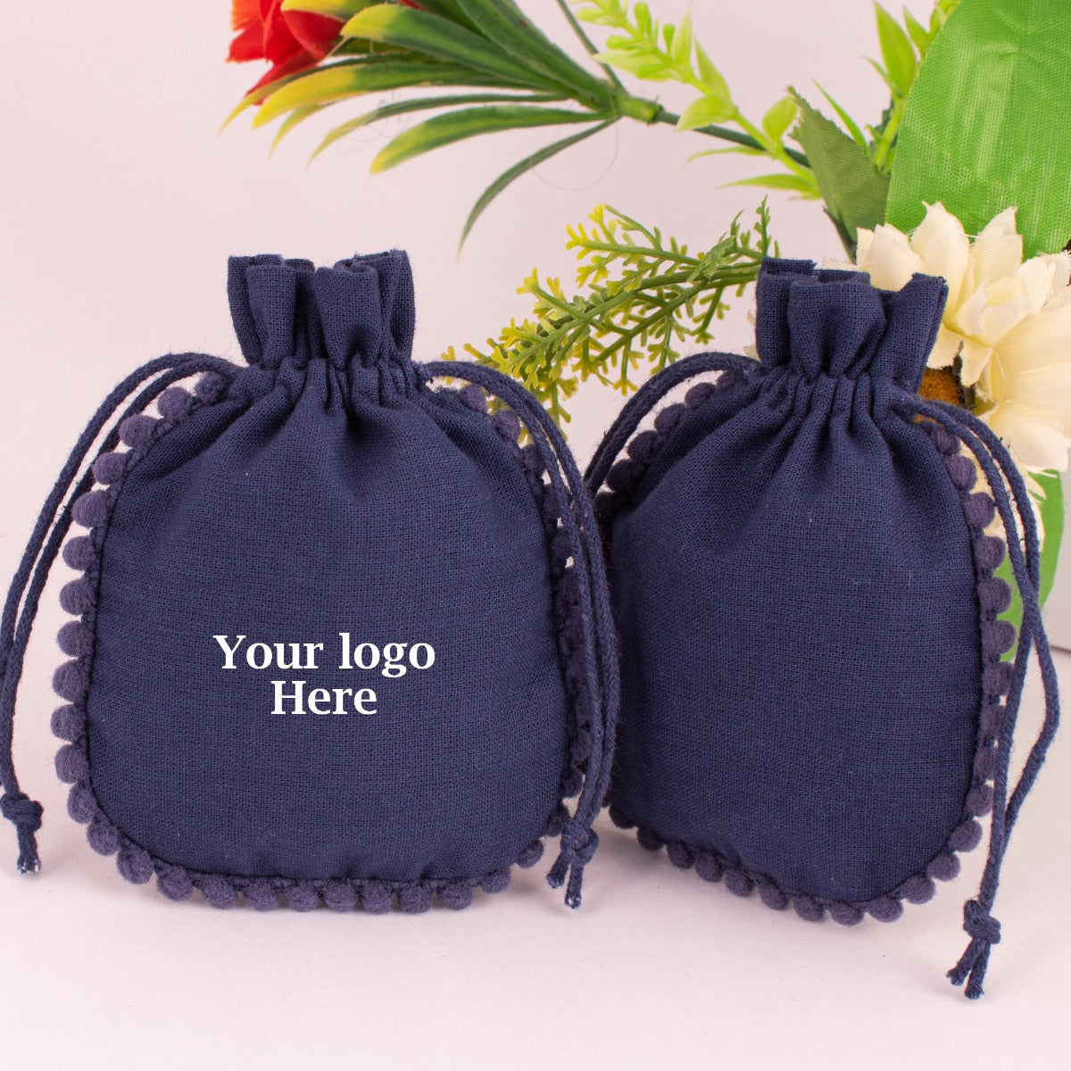Designer Cotton Drawstring Jewelry packaging Pouch Custom Wedding Favor Gift Bags (Pack Of 100, Navy Blue)