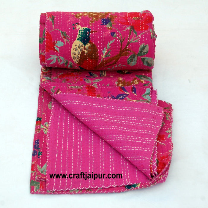 Floral Bird Printed Kantha Quilt, Queen Size Cotton Bedspread, Handmade Indian Gudri