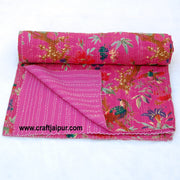 Floral Bird Printed Kantha Quilt, Queen Size Cotton Bedspread, Handmade Indian Gudri