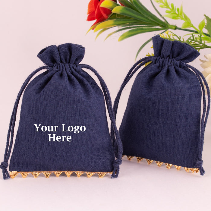 Designer Drawstring Eco Friendly Jewelry packaging Pouch Custom Cotton Wedding Favor, Gift Package (Pack Of 100, Navy Blue)