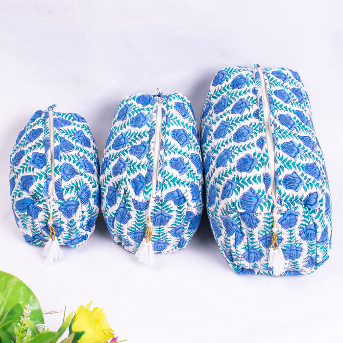 Blue Floral Block Print Toiletry Bag, Kantha Pouch, Make Up Or Cosmetic Bag, Utility Pouch