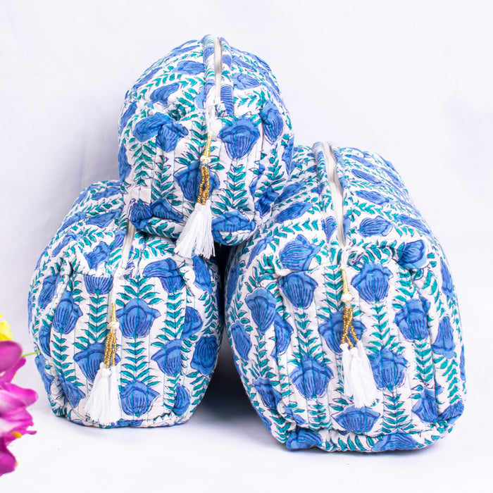 Blue Floral Block Print Toiletry Bag, Kantha Pouch, Make Up Or Cosmetic Bag, Utility Pouch