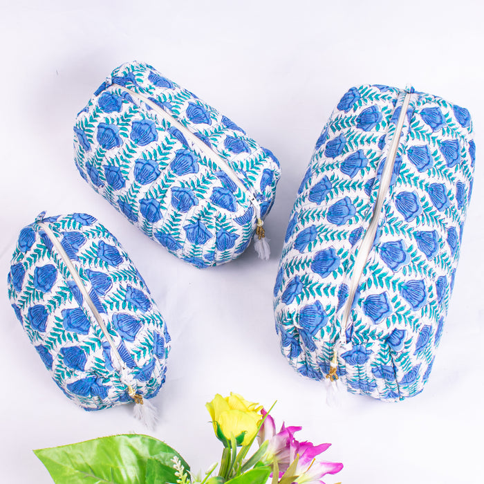 Blue Floral Block Print Toiletry Bag, Kantha Pouch, Make Up Or Cosmetic Bag, Utility Pouch