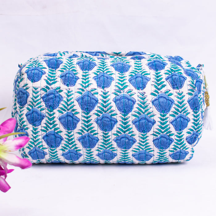 Blue Floral Block Print Toiletry Bag, Kantha Pouch, Make Up Or Cosmetic Bag, Utility Pouch