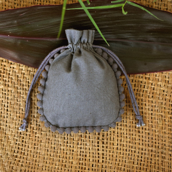 Small Gray Cotton Jewelry Pouches, Handmade Indian Storage Bags, Round PomPom Packaging Bags – CraftJaipur