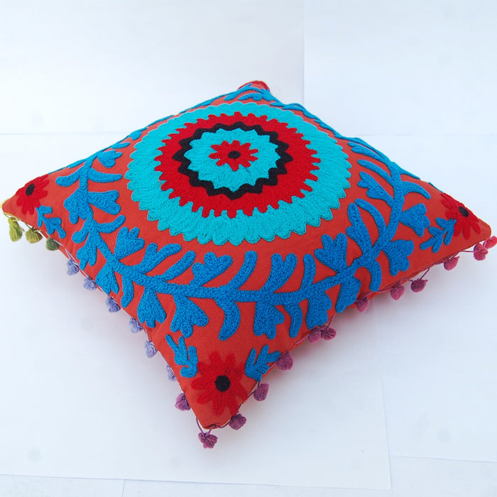 Suzani Woolen Embroidery Throw Pillows Cushion Cover - CraftJaipur