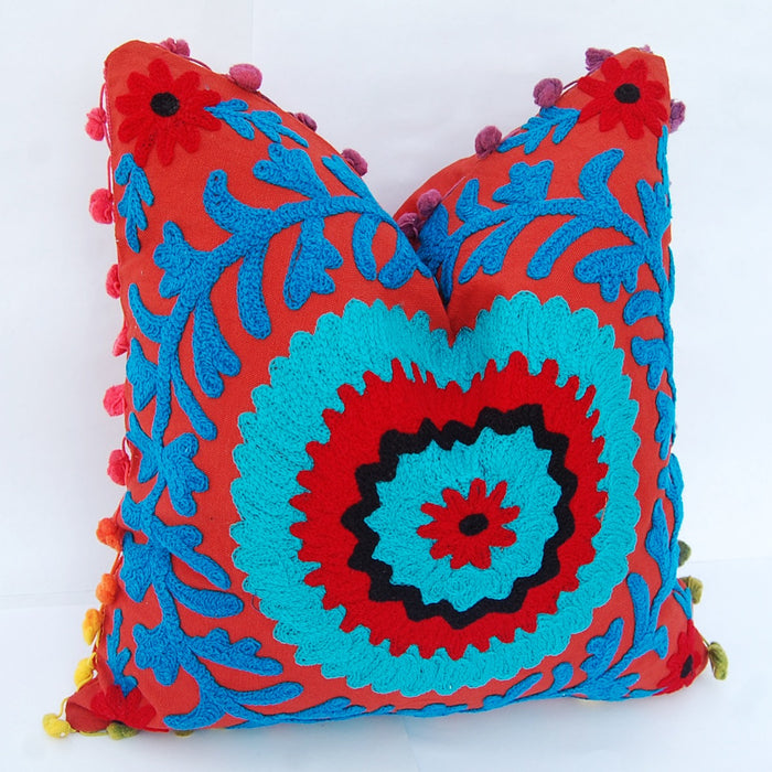 Suzani Woolen Embroidery Throw Pillows Cushion Cover - CraftJaipur