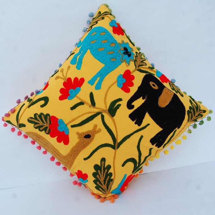 Suzani Embroidery Cushion Cover Pom Pom Pillow Cases-CraftJaipur