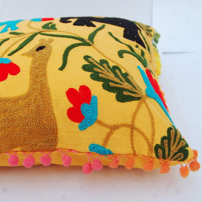 Suzani Embroidery Cushion Cover Pom Pom Pillow Cases-CraftJaipur