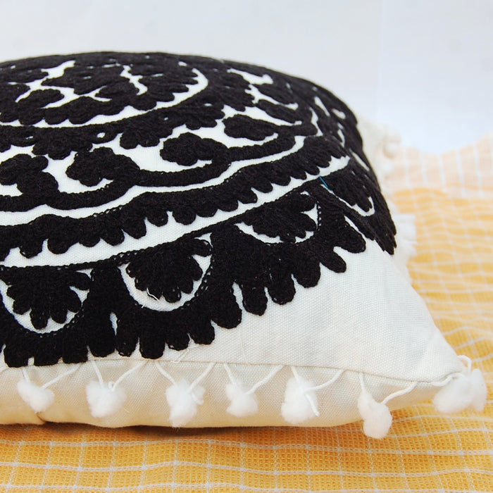 Black Woolen Embroidered Cushions Suzani Pillow Cover-CraftJaipur