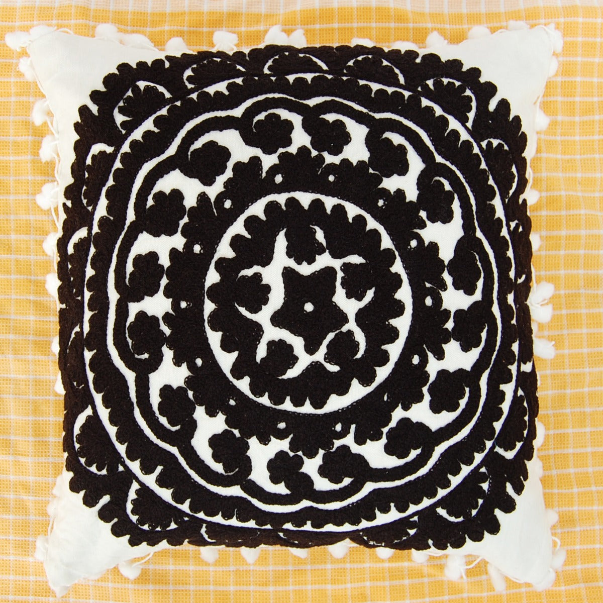 Black Woolen Embroidered Cushions Suzani Pillow Cover-CraftJaipur