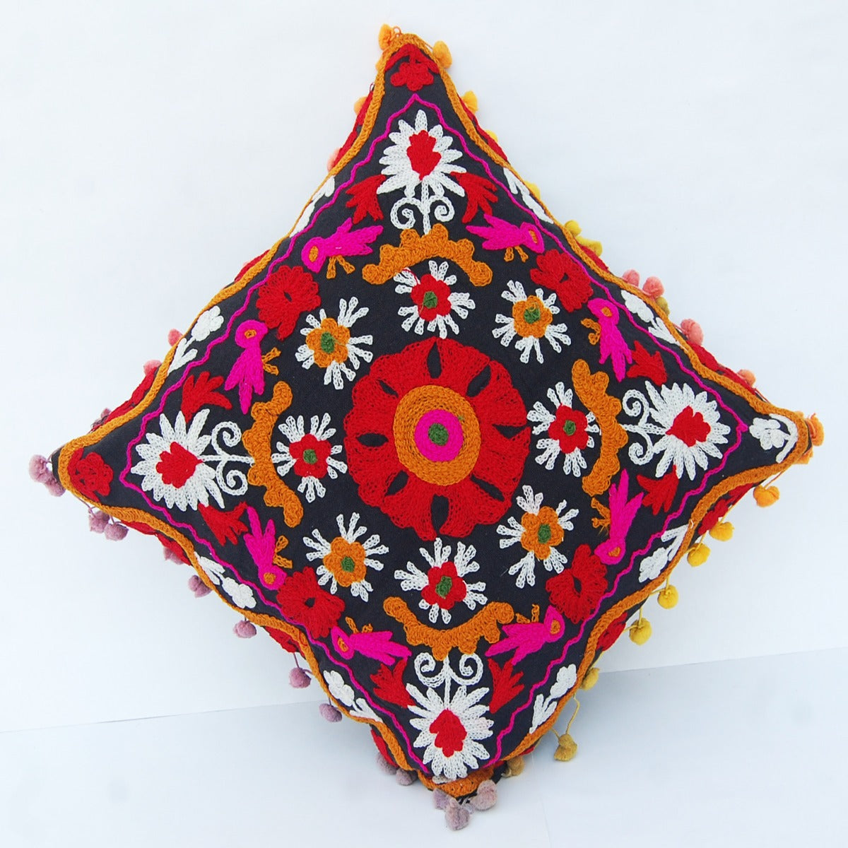 Pom Pom Vintage Suzani Cushion Cover Embroidery Pillows - CraftJaipur