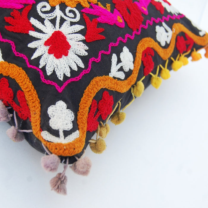 Pom Pom Vintage Suzani Cushion Cover Embroidery Pillows - CraftJaipur