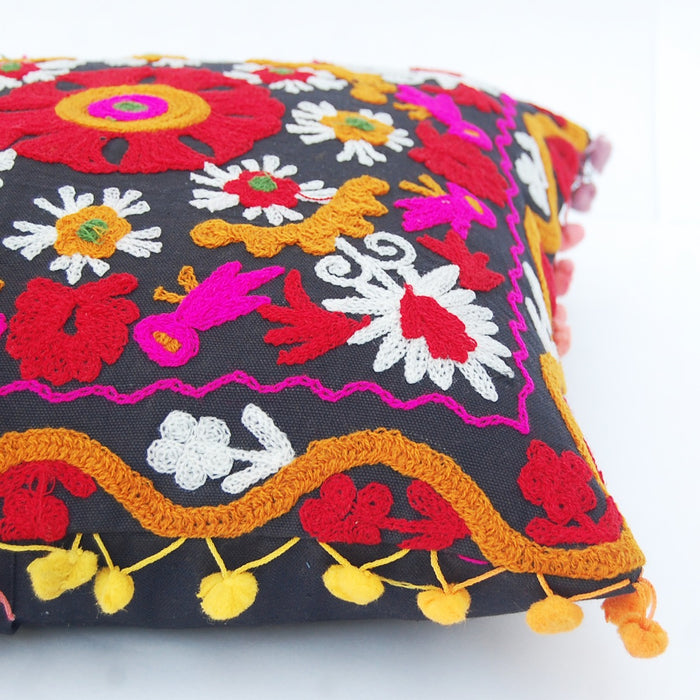 Pom Pom Vintage Suzani Cushion Cover Embroidery Pillows - CraftJaipur
