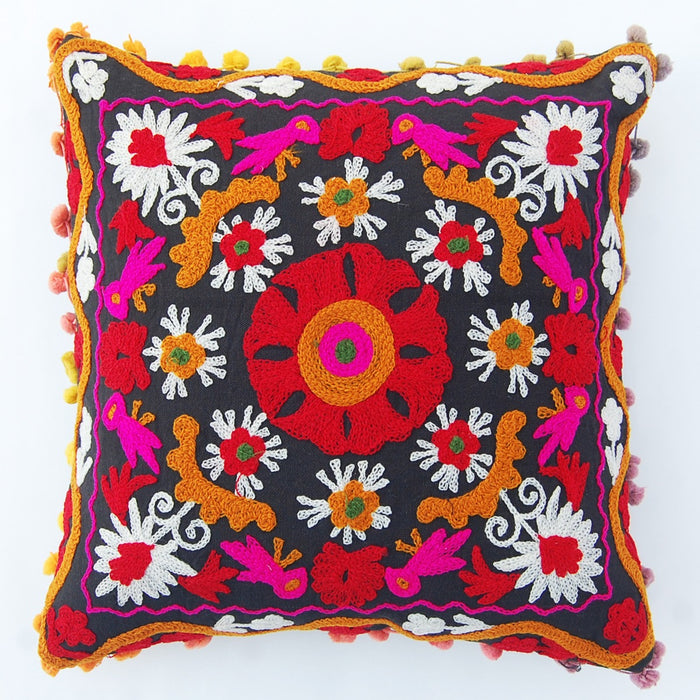 Pom Pom Vintage Suzani Cushion Cover Embroidery Pillows - CraftJaipur