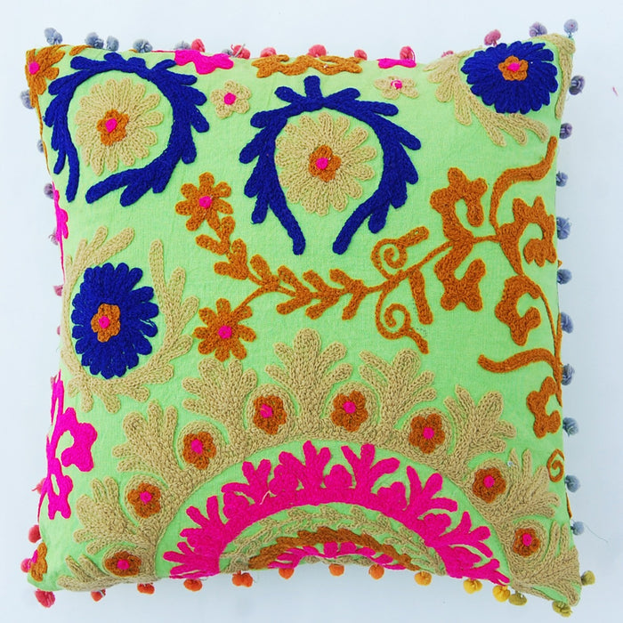 Suzani Cushion Cover Embroidery Pom Pom Square Pillow Cases - CraftJaipur