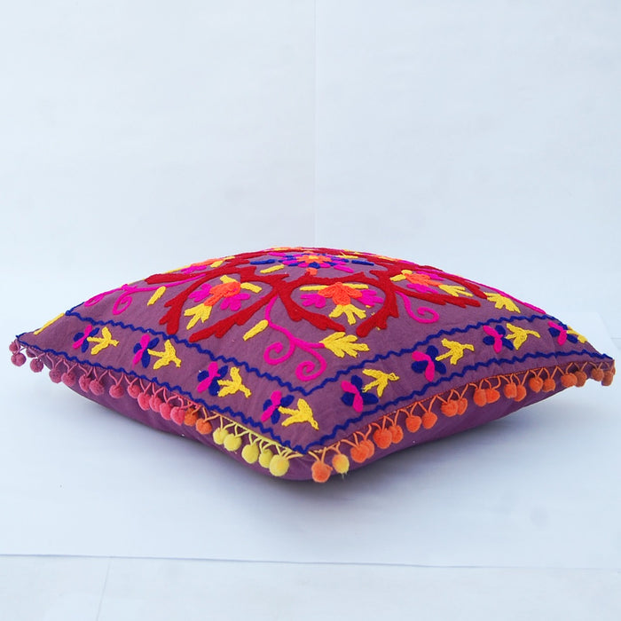 Indian Suzani Floral Embroidery Cushion Cover Decorative - CraftJaipur