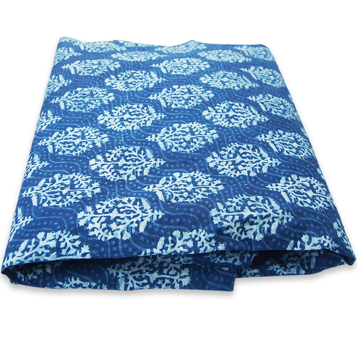 Indigo Blue Floral Block Printed Cotton Christmas Gift Fabric-Craft Jaipur