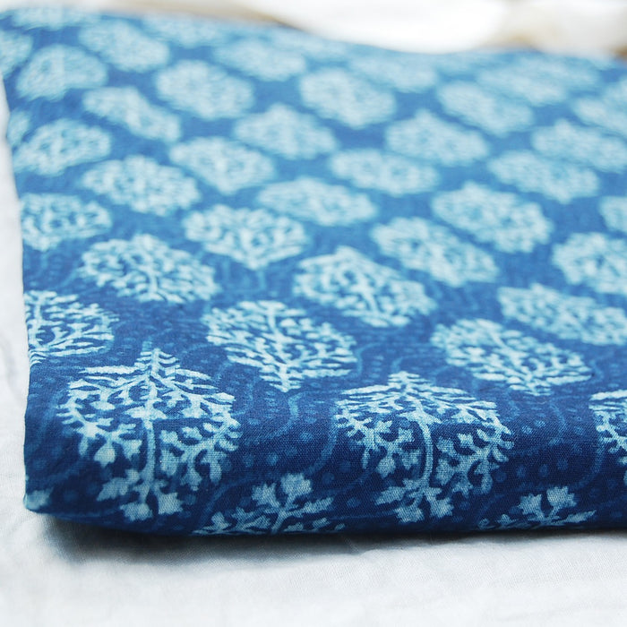 Indigo Blue Floral Block Printed Cotton Christmas Gift Fabric - CraftJaipur