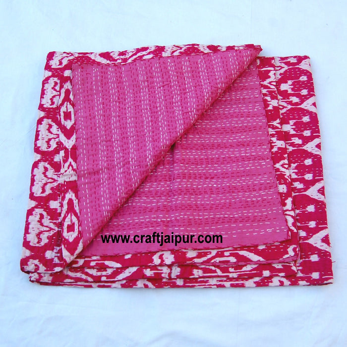 Indian Queen Size Kantha Quilt, Floral Printed Gudri, Handmade Bedspread Throw