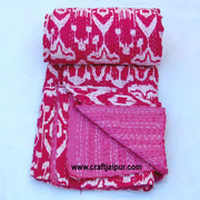 Indian Queen Size Kantha Quilt, Floral Printed Gudri, Handmade Bedspread Throw