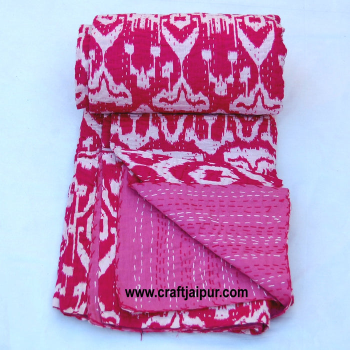 Indian Queen Size Kantha Quilt, Floral Printed Gudri, Handmade Bedspread Throw