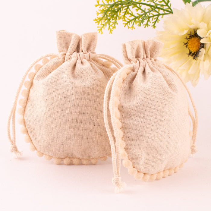 Pack Of 100 Natural Cotton Jewelry Packaging Pouch, Designer Wedding Favor Bags - CraftJaipur