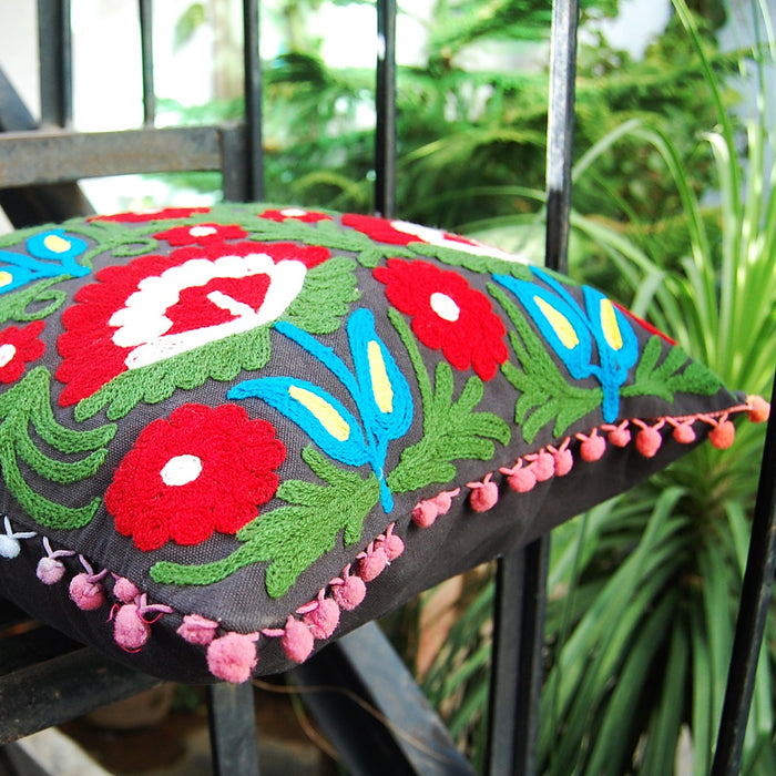 Indian Embroidery Suzani Cushion Covers Pom Pom Pillow-Craft Jaipur