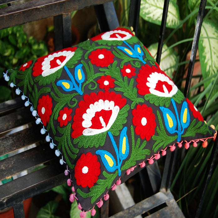 Indian Embroidery Suzani Cushion Covers Pom Pom Pillow-Craft Jaipur