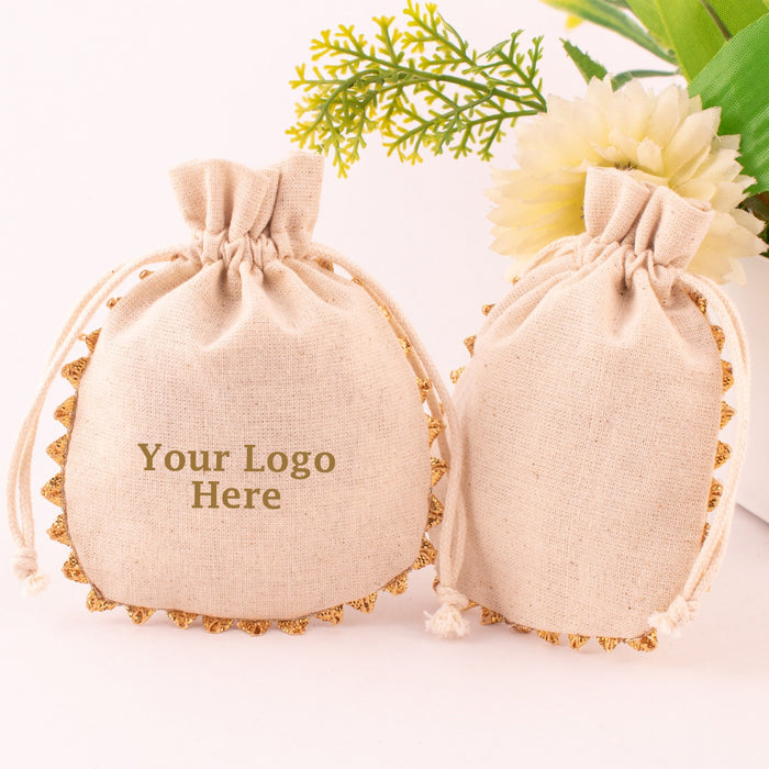 Pack Of 100 Natural Cotton Jewelry Packaging Pouch, Designer Wedding Favor Bags