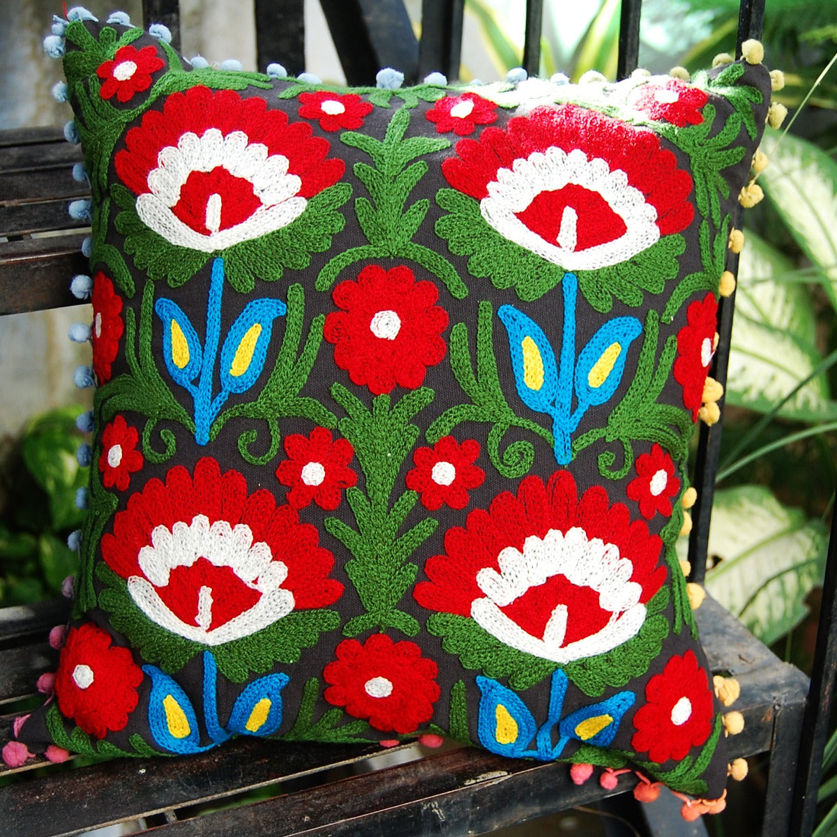 Indian Embroidery Suzani Cushion Covers Pom Pom Pillow - CraftJaipur