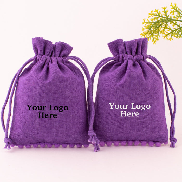 Purple Designer Cotton Jewelry Packaging Pouch Drawstring Pouch With Customizable Brand Logo (Pack Of 100, Free Shipping)