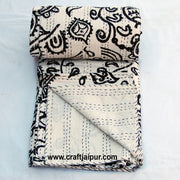 Indian Floral Printed Gudari, Handmade Kantha Quilt Throw Blanket