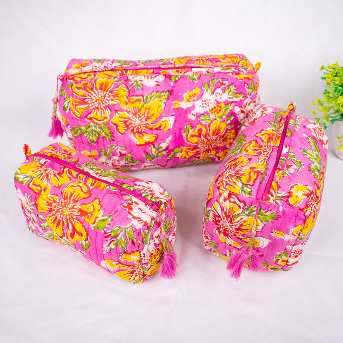 Set of 3 Pieces Indian Cotton Floral Hand Block Print Toiletry Bag,Travel bag,Make up Pouch,Quilted Wash Bag,Shaving Kit, Vanity Case
