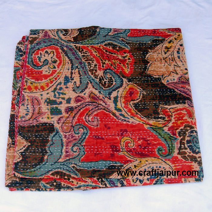 New Throw Kantha Quilt, Indian Handmade Cotton Bedspread, Bedding Throw