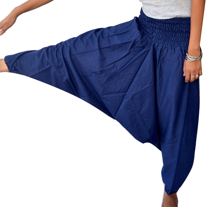 Cotton Harem Fisherman Pants Women Yoga Trousers Navy Blue - CraftJaipur