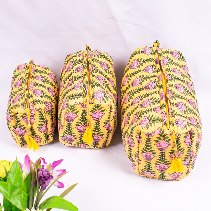 Set of 3 Pieces Indian Cotton Handmade Floral Block Print Toiletry Bag Storage, Cosmetic Organizer,Travel bag, Vanity Case Quilted Wash Bag