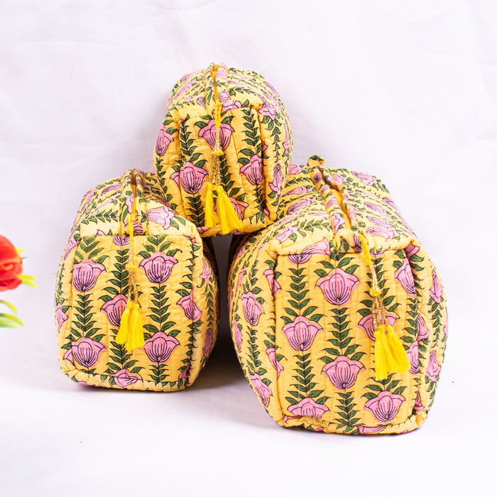 Set of 3 Pieces Indian Cotton Handmade Floral Block Print Toiletry Bag Storage, Cosmetic Organizer,Travel bag, Vanity Case Quilted Wash Bag