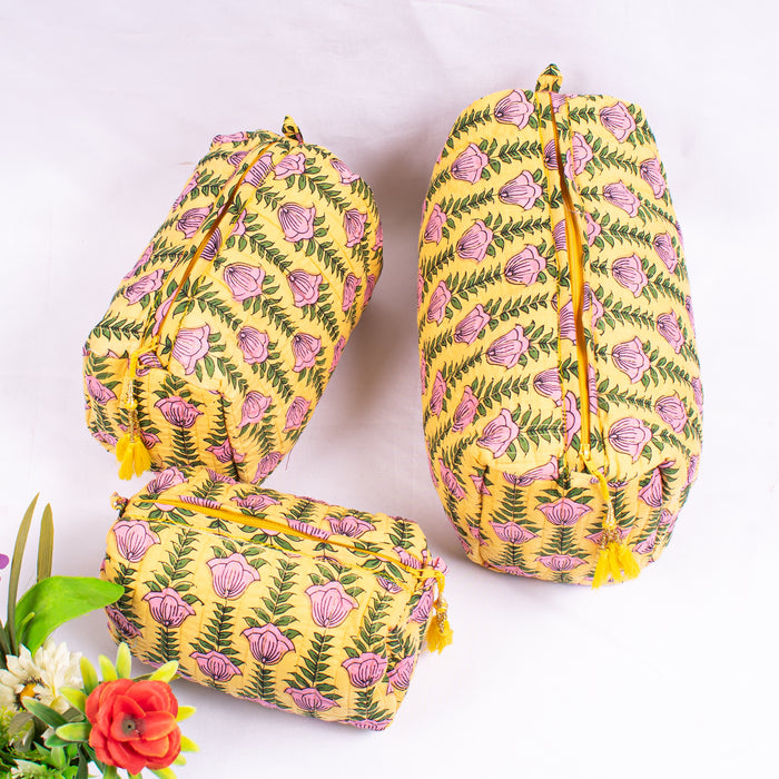 Set of 3 Pieces Indian Cotton Handmade Floral Block Print Toiletry Bag Storage, Cosmetic Organizer,Travel bag, Vanity Case Quilted Wash Bag