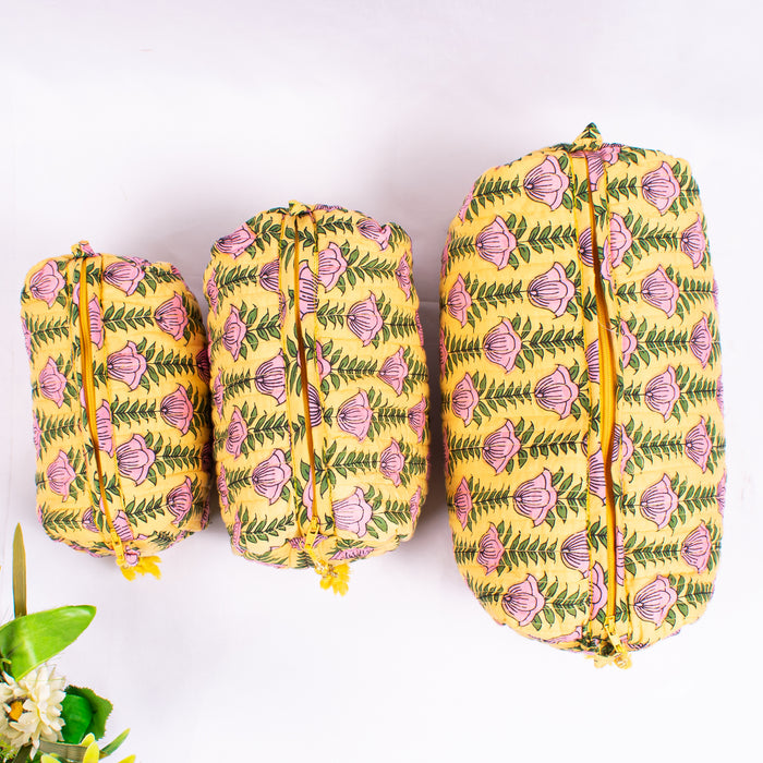 Set of 3 Pieces Indian Cotton Handmade Floral Block Print Toiletry Bag Storage, Cosmetic Organizer,Travel bag, Vanity Case Quilted Wash Bag