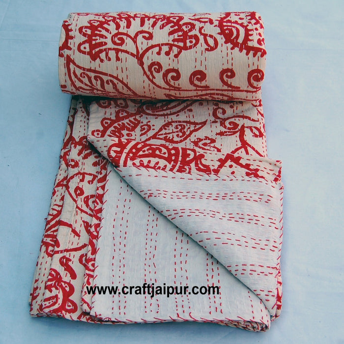 Floral Printed Indian Cotton Gudari Blanket, Handmade Kantha Quilt Throw