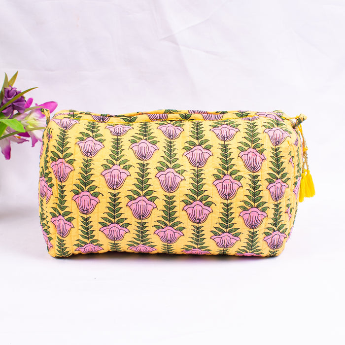 Set of 3 Pieces Indian Cotton Handmade Floral Block Print Toiletry Bag Storage, Cosmetic Organizer,Travel bag, Vanity Case Quilted Wash Bag