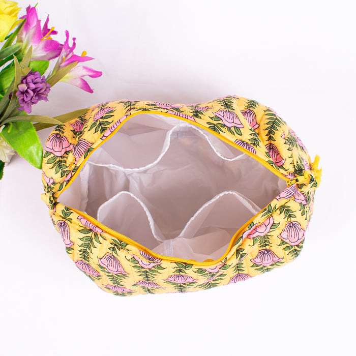 Set of 3 Pieces Indian Cotton Handmade Floral Block Print Toiletry Bag Storage, Cosmetic Organizer,Travel bag, Vanity Case Quilted Wash Bag