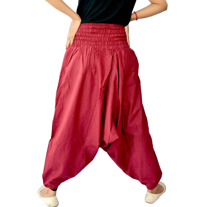 Maroon Cotton Trouser Afghani Yoga Harem Pants For Women - CraftJaipur