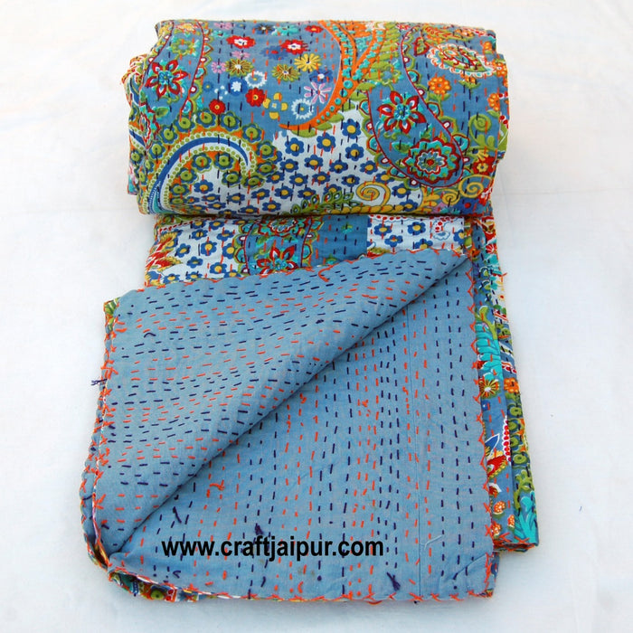 Indian Handmade Quilt, Vintage Kantha Bedspread, Throw Cotton Blanket Gudari