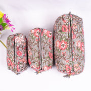 Quilted Wash Bag, Handmade Floral Print Cosmetic Organizer, Indian Hand Block Travel bag, Vanity Case, Travel bag - CraftJaipur