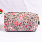 Quilted Wash Bag, Handmade Floral Print Cosmetic Organizer, Indian Hand Block Travel bag, Vanity Case, Travel bag - CraftJaipur