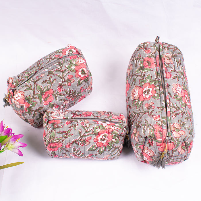 Quilted Wash Bag, Handmade Floral Print Cosmetic Organizer, Indian Hand Block Travel bag, Vanity Case, Travel bag - CraftJaipur