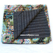 Indian Kantha Quilt, Hand Block Fruit Printed, Tropical Black Queen Bedspread